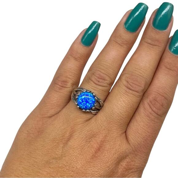 Blue Fire Opal Ring Size 9 Solid 925 Sterling Silver Daisy Flower Floral Boho - Picture 2 of 10